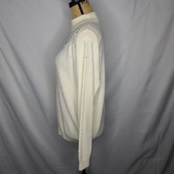 Vintage 90's Ivory Sequin Beaded Mockneck Sweater Medium - Picture 2 of 11